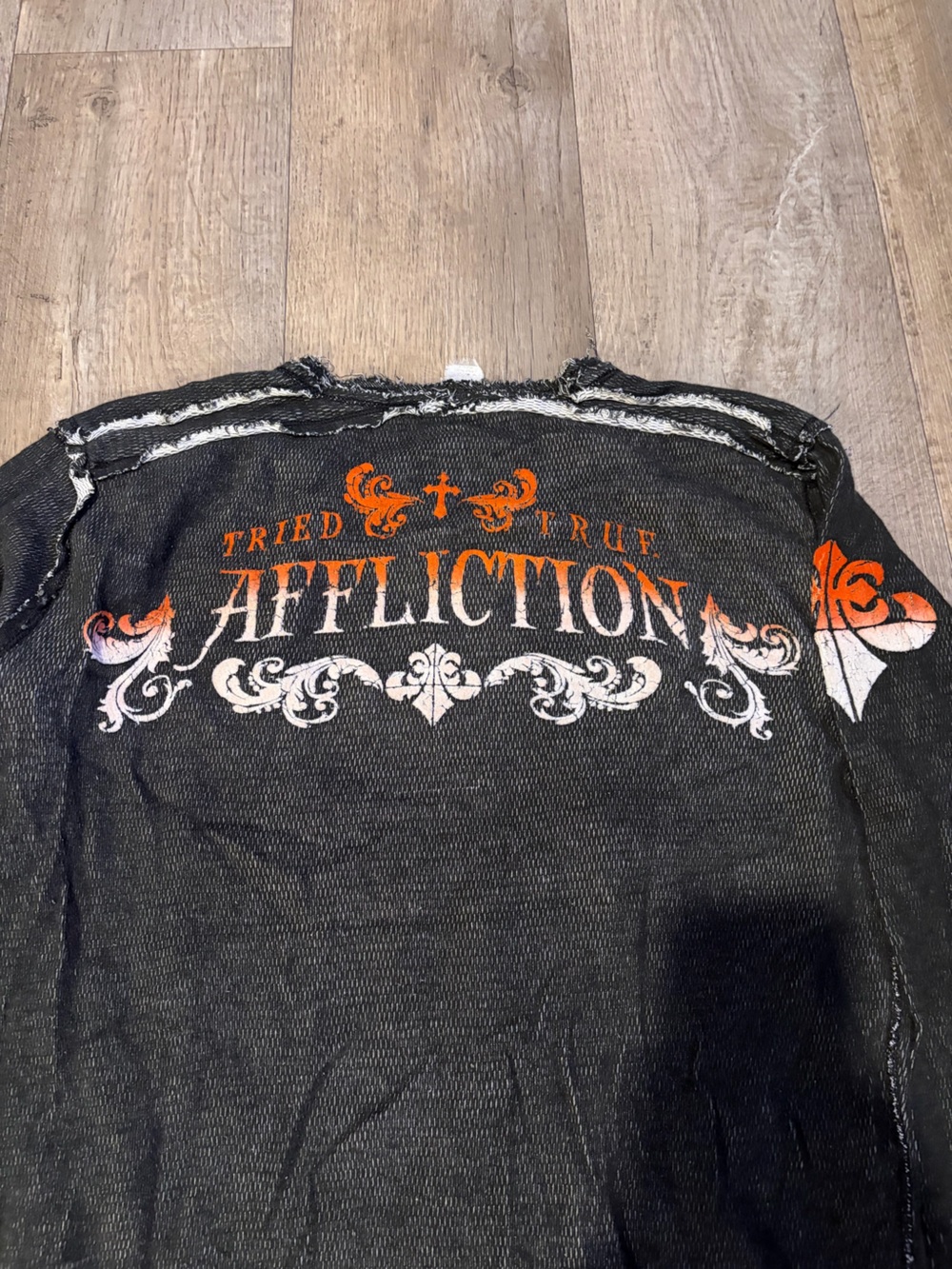 Y2K Affliction Black Long Sleeve with Orange and White Crest Graphic. Size XL - Picture 7 of 7